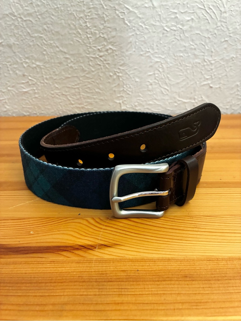 Vineyard Vines Navy & Green Plaid Canvas Belt with Brown Leather